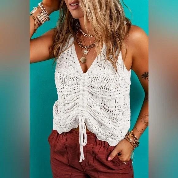 Jessica Simpson Tops - Jessica Simpson White Crochet Tank Top Drawstring‎ V-Neck Womens Coastal Beachy